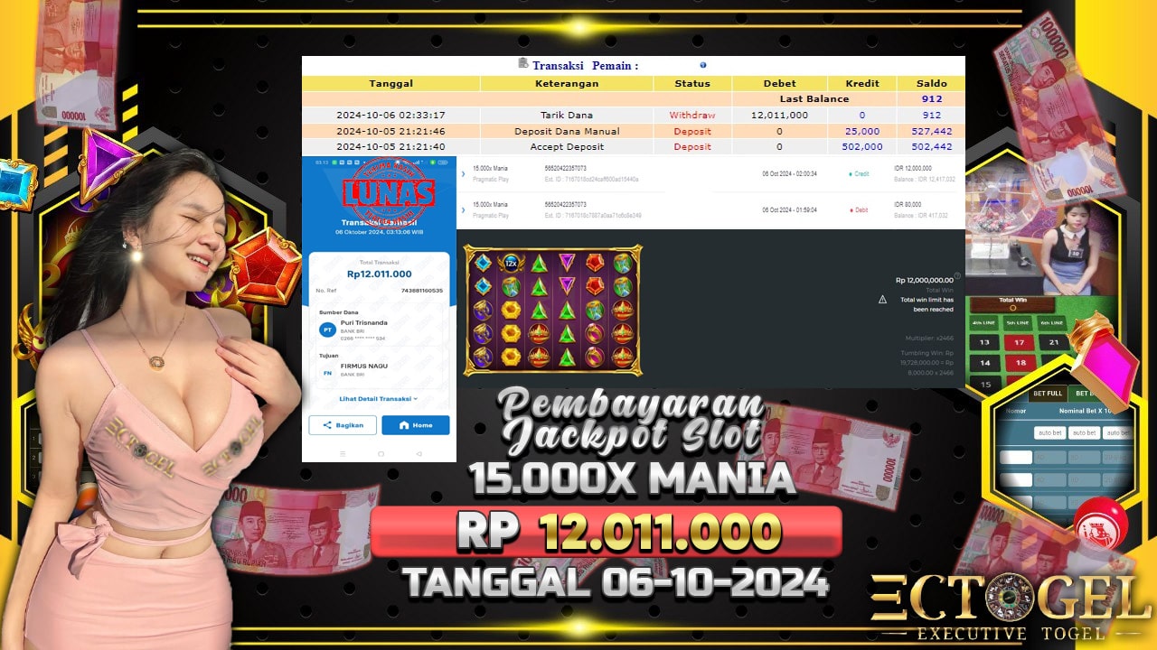 BUKTI JACKPOT SLOT 15.000X MANIA TERPERCAYA DI INDONESIA TGL 06-10-2024