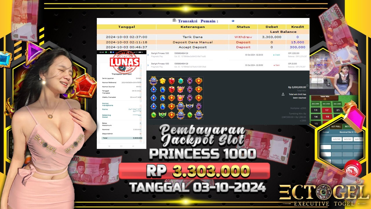 BUKTI JACKPOT SLOT STARLIGHT PRINCESS 1000 TERPERCAYA DI INDONESIA TGL 03-10-2024